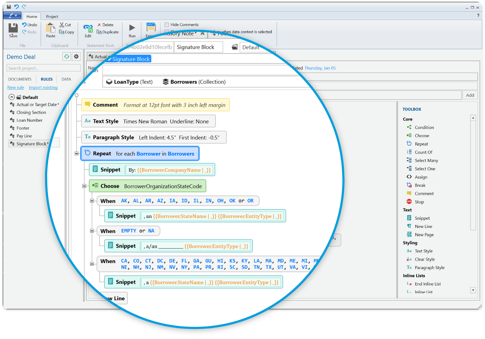 Lexicon rule editor with magnified view of visual business rule configuration